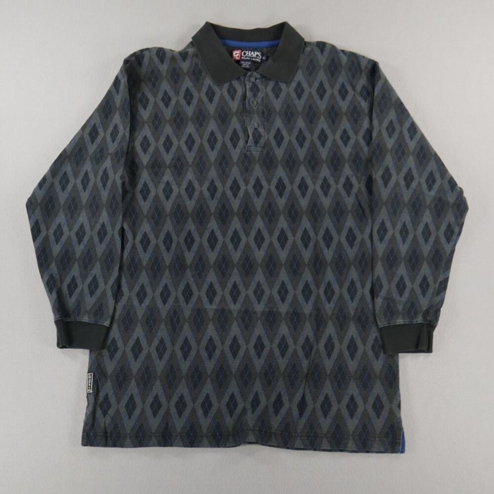Vintage 90s Chaps x Ralph Lauren Polo Long Sleeve Gray/Blue Diamond Men Size (L)